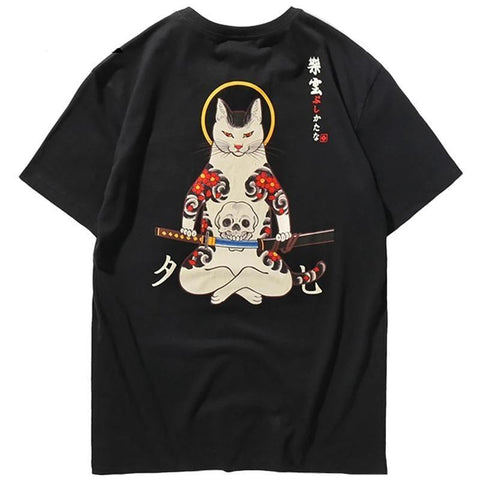 Camiseta con Estampado Japonés Gato Samurai