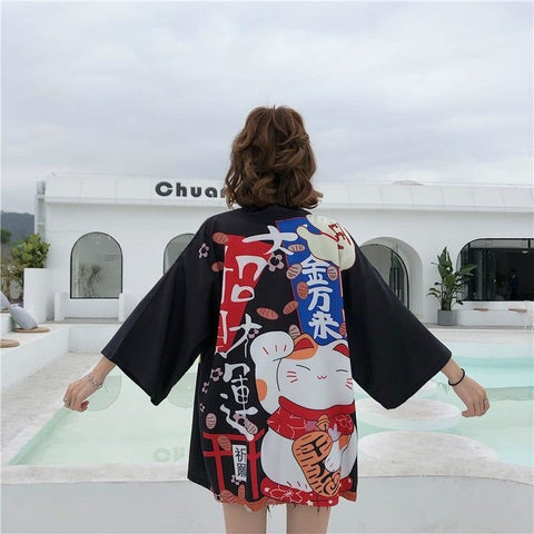 Chaqueta Kimono De La Suerte Para Mujer Negro Espalda