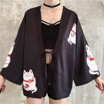 Chaqueta Kimono Para Mujer Gato Chino De La Suerte Negro Frente