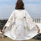 Chaqueta Kimono con Estampado de Grulla Elegante para Mujer Blanco Espalda