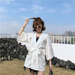 Chaqueta Kimono con Estampado de Grulla Elegante para Mujer Blanco Frente