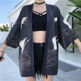 Chaqueta Kimono con Estampado de Grulla Elegante para Mujer Negro Frente