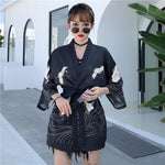 Chaqueta Kimono con Estampado de Grulla Elegante para Mujer Negro Modelo