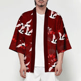 Chaqueta kimono con grullas japonesas frente a un sol rojo