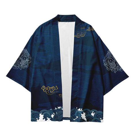 Chaqueta kimono con grullas japonesas frente a un sol rojo