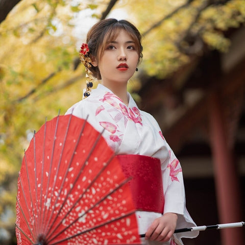 Kimono Japonés De Mujer - Rojo Tsuru I Sakura Japón – Sakura Japon