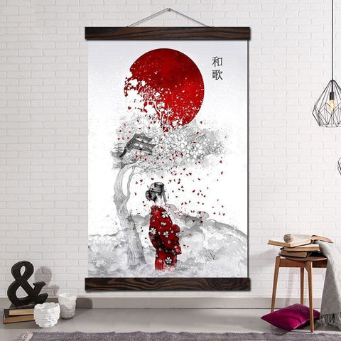 Pintura Japonesa Geisha Bajo El Cerezo Con Marco