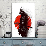 Pintura Japonesa Samurái Y Sol Rojo Sin Marco Colocado