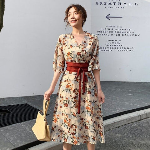 Vestido Floral Japonés Largo